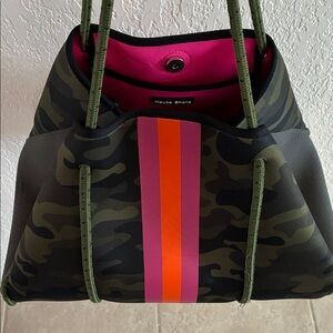 HAUTE SHORE Camouflage Tote with Pink and Orange Stripes